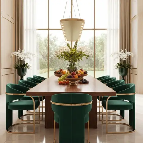A long walnut dining table set with emerald velvet chairs beneath a brass pendant light
