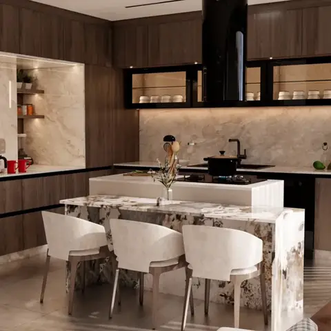 A walnut kitchen with a marble waterfall island and a sculptural black hood