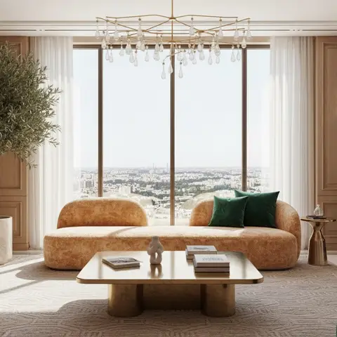 A curved caramel bouclé sofa beneath a brass ring chandelier, floor-to-ceiling city views beyond