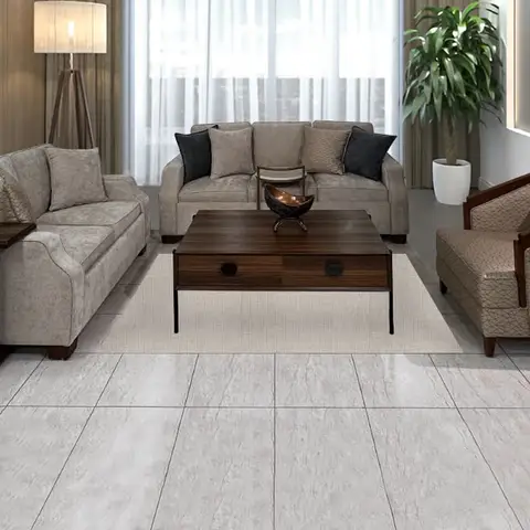 A taupe living-room seating set arranged around a walnut coffee table